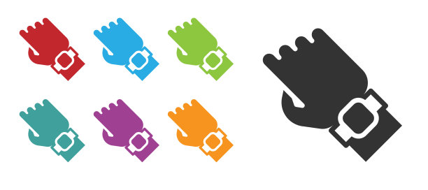 黑色智能手表上的图标孤立在白色背景上。健身应用程序的概念。设置图标丰富多彩。向量图片下载