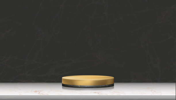 最小裙台展示与黑色大理石和最小裙台展示与黑色大理石和黄色金圆柱站在玫瑰金箔大理石上，矢量逼真3D舞台基座平台，产品展示，化妆品展示或水疗展示图片下载
