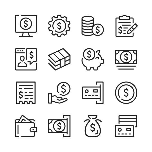 金钱线图标设置。现代平面设计理念，简洁的轮廓元素集合。矢量线的图标图片下载