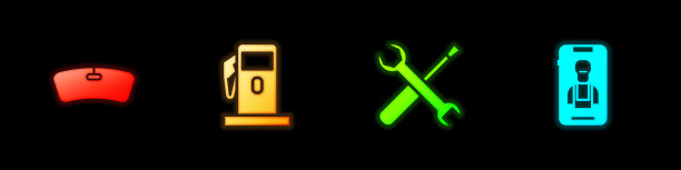 设置挡风玻璃，汽油或加油站，螺丝刀和扳手扳手和在线汽车服务图标。向量图片下载