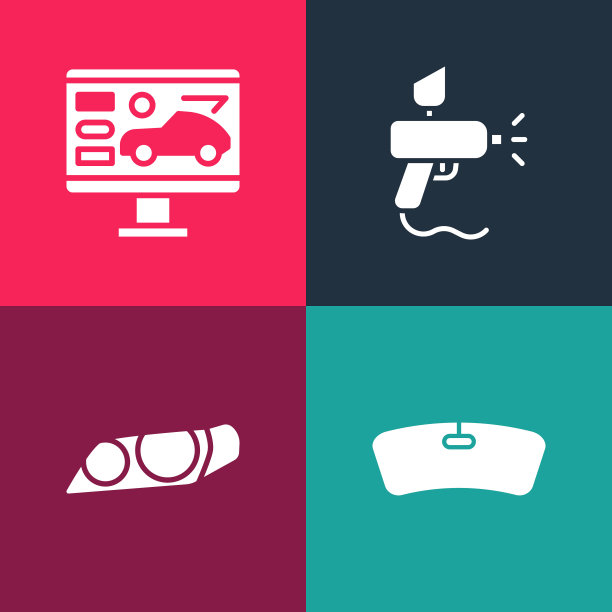 设置流行艺术挡风玻璃，汽车大灯，喷漆枪和汽车图标的诊断条件。向量图片下载