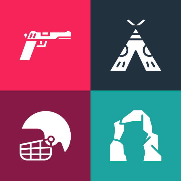 设置流行艺术大峡谷，美国橄榄球头盔，印第安帐篷或棚屋和手枪枪图标。向量图片下载