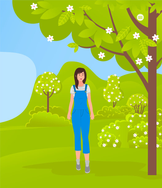 一个年轻的女孩站在一个开花的公园或森林的中央。美丽的大自然。城市的生活方式图片下载