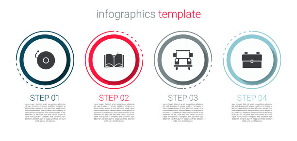 设置响铃，打开书本，校车和背包。业务信息模板。向量图片下载