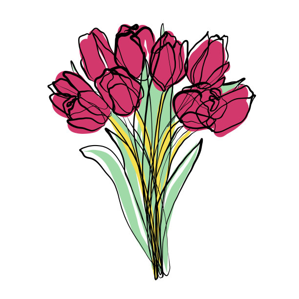 郁金香花束插图，花朵矢量素描，涂鸦。花一连线画，彩色点。春天的问候。图片下载