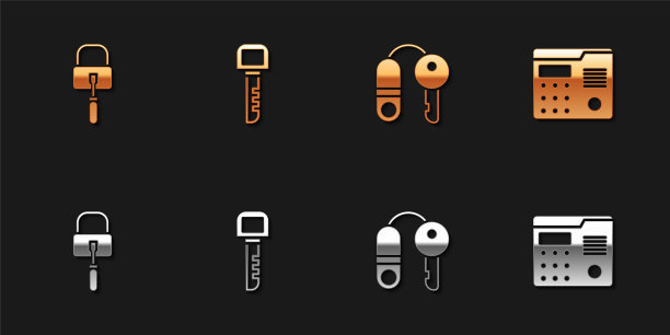 设置开锁，钥匙，房子与钥匙和对讲机系统图标。向量图片下载