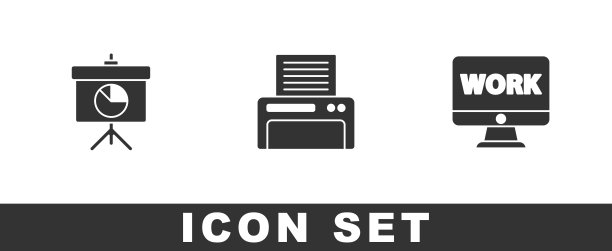 设置黑板与图表，打印机和监控文本工作图标。向量图片下载