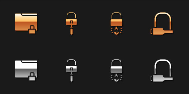 设置文件夹和锁，锁挑选挑选，钥匙打破内挂锁和自行车图标。向量图片下载