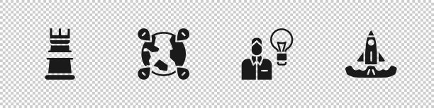 设定商业策略，定位在全球，人类与灯泡和火箭图标。向量图片下载