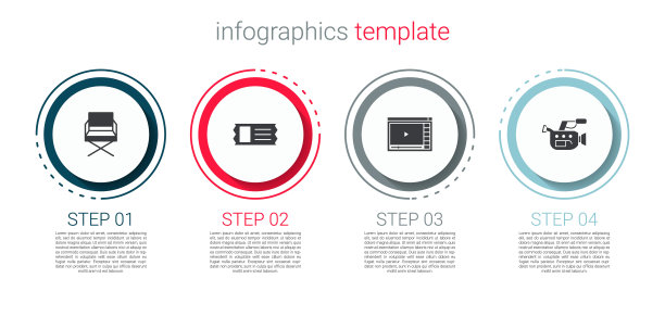 设置导演电影椅，电影票，在线播放视频和摄像机。业务信息模板。向量图片下载