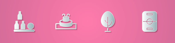 设置剪纸瓶子球，喷泉，树和曲棍球桌图标。纸艺术风格。向量图片下载