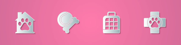 套剪纸宠物屋，玩具骨橡胶和球，手提袋和兽医诊所图标。纸艺术风格。向量图片下载