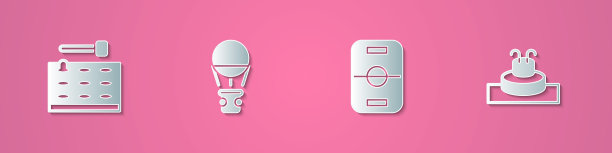 设置剪纸街机游戏机，热气球，曲棍球桌和喷泉图标。纸艺术风格。向量图片下载