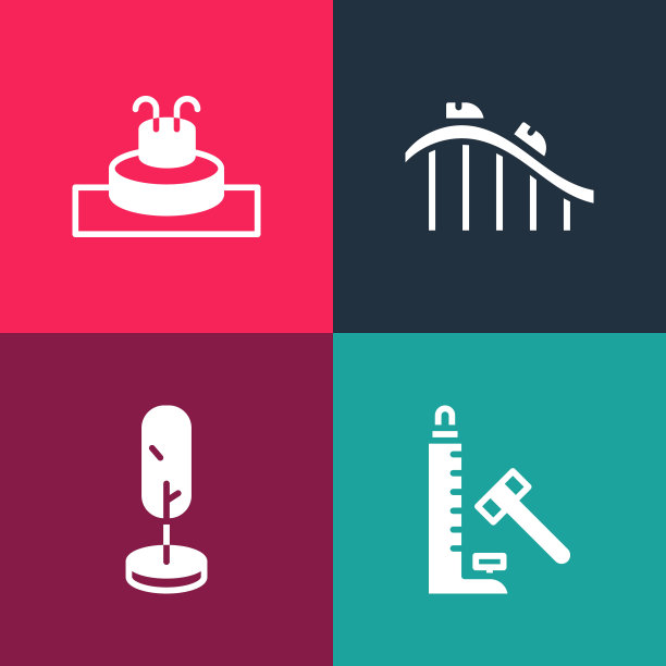 设置流行艺术前锋吸引锤子，树，过山车和喷泉图标。向量图片下载