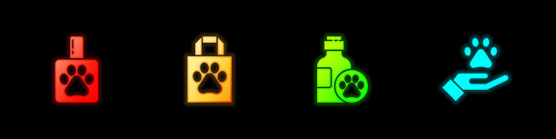 设置宠物洗发水，购物袋宠物，和手与动物足迹图标。向量图片下载