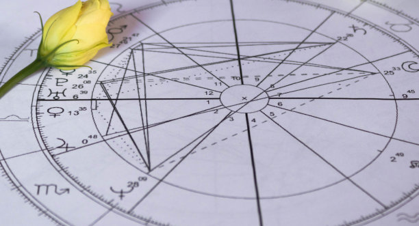 打印的星相图配上一点黄色的玫瑰，圣瓦伦丁的星相背景图片下载