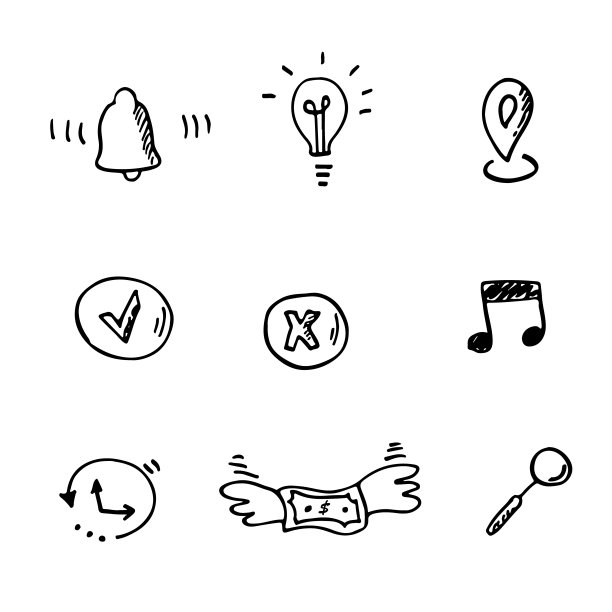 手绘矢量商业图标集:灯泡，音乐笔记，批准和拒绝，时间，点方向，戒指和金钱图标。图片下载