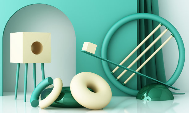 裙房和抽象背景的最小场景。柔和的绿色、黄色和白色场景。时尚的社交媒体横幅，促销，化妆品秀。几何形状内部3d渲染图片下载