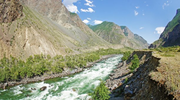 在阿尔泰山旅游期间，山谷和河流景观。图片下载