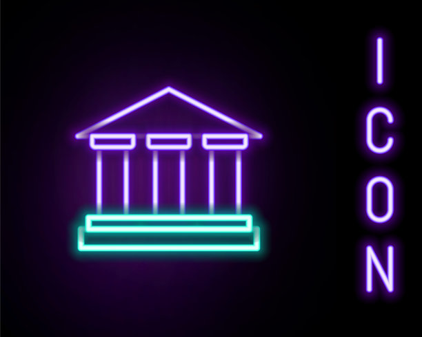 霓虹灯线博物馆建筑图标孤立在黑色背景。色彩斑斓的轮廓的概念。向量图片下载