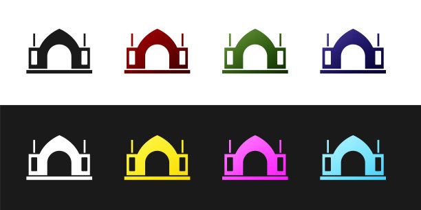 设置印度教精神寺庙图标孤立的黑白背景。向量图片下载