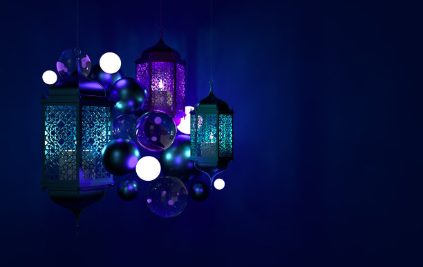 穆斯林蜡烛灯，霓虹灯灯，阿拉伯装饰，阿拉伯图案。伊斯兰节日斋月卡里姆或古尔邦开斋节的概念。3 d渲染图图片下载