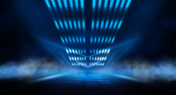 深色背景与线条和聚光灯，蓝色霓虹灯，夜景。抽象的蓝色背景。未来的现代图案，对称的反映。三维渲染图片下载