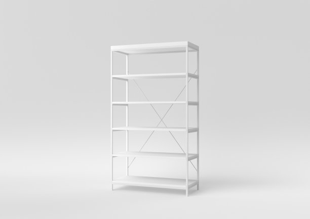 白色金属货架存储。零售货架架上的白色背景。最小的概念的想法。单色。3 d渲染。图片下载