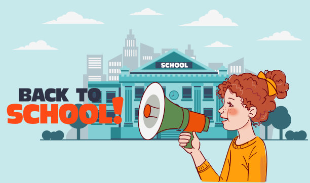 有趣的女孩对着扩音器大喊。回到学校矢量插图图片下载