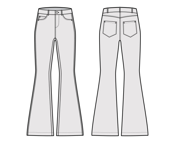 牛仔喇叭裤牛仔裤技术时尚插图，长，低腰，上升，5个口袋，铆钉平图片下载