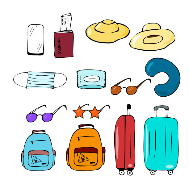 旅行用品套装、行李箱、背包、太阳镜、太阳帽、颈枕、医用口罩、抗菌湿巾、护照、机票、手机。画矢量图图片下载