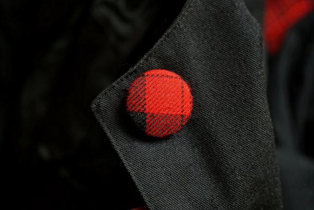 黑色面料领子上的一个大的红色纽扣图片下载