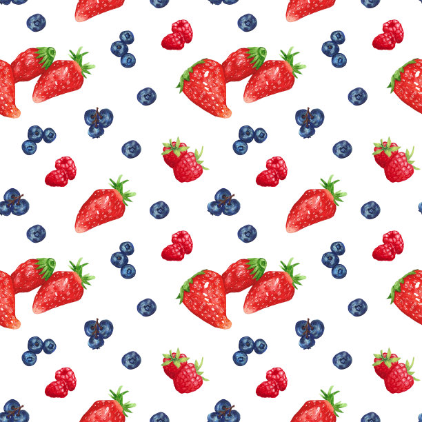 蓝莓、覆盆子和草莓图案在白色的背景上。明亮多汁的设计罐，包装，剪贴簿拼贴，糖果包装。浆果，健康食品，饮食。图片下载