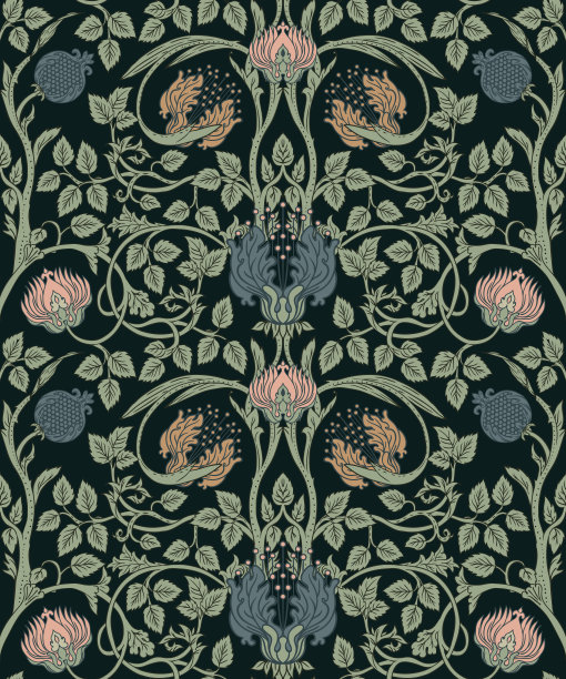 复古墙纸的花卉复古无缝图案。迷人的花朵。艺术和工艺运动的灵感。设计用于包装纸、墙纸。图片下载