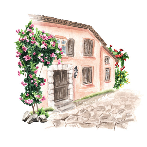 爬满蔷薇花的乡间小屋。手绘水彩插图，孤立的白色背景图片下载