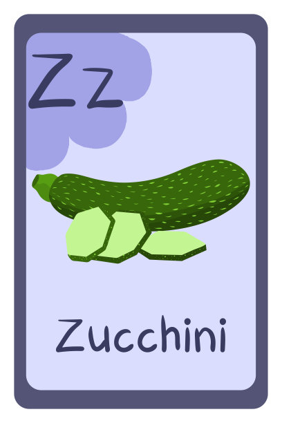 彩色abc教育闪存卡，字母Z -西葫芦。字母矢量插图与食物，水果和蔬菜。学校、学习、学习的理念。图片下载