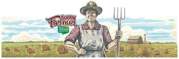 快乐的农夫，手里拿着干草叉图片下载