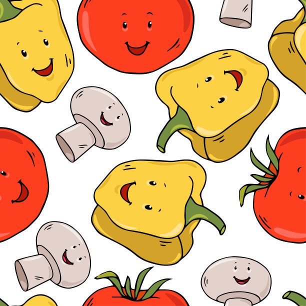 可爱的甜椒番茄蘑菇无缝图案。图片下载