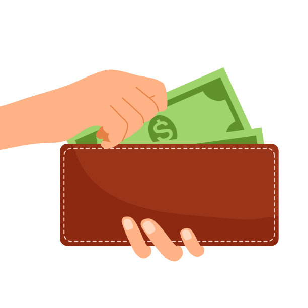 手从白底平面设计的钱包中取出美元钞票。现金付款。支付的钱。图片下载