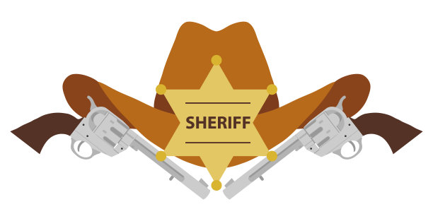 治安官的帽子。警长的帽子和两把左轮手枪，背景是白色。矢量插图。向量。图片下载