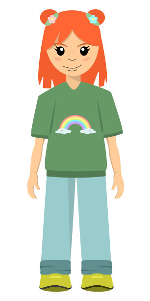 红头发的小女孩，脸上有雀斑，穿着印有可爱彩虹图案的绿色t恤。卡通人物设计，平面矢量插图图片下载