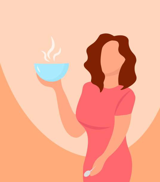 女人拿着碗吃粥的插图图片下载