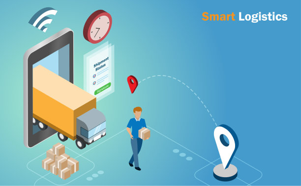 全球智能物流。送货员有卡车和跟踪状态的移动电话送货给客户。图片下载