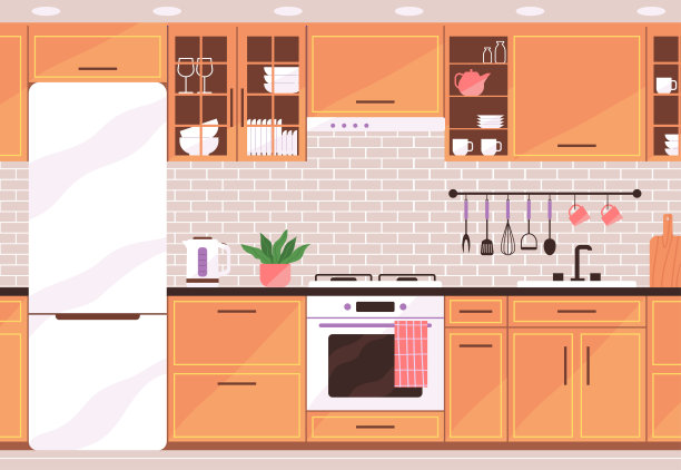 有家具的舒适厨房。现代的室内。矢量插图在平面风格。图片下载