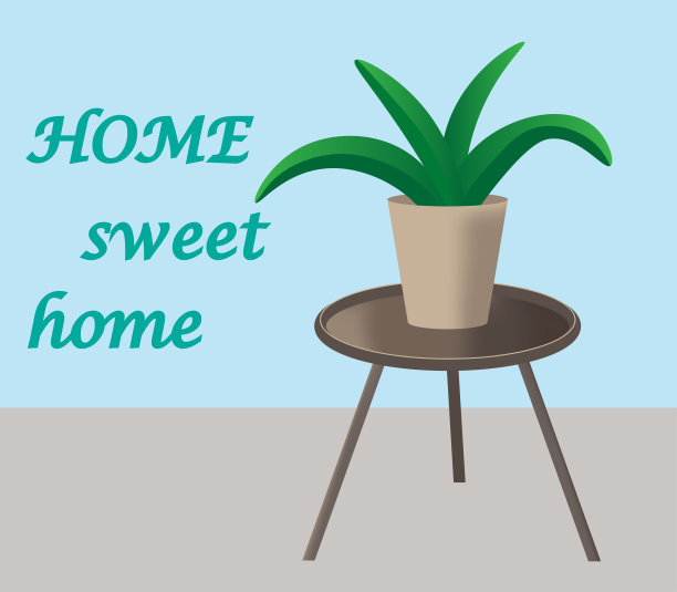 小桌子上放着一盆室内花。三个腿的圆桌。家庭内部。向量。甜蜜之家。铭文。图片下载