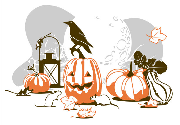 节日庆典的物品设置有南瓜、乌鸦、老鼠、煤气灯、秋叶剪影在月光下图片下载