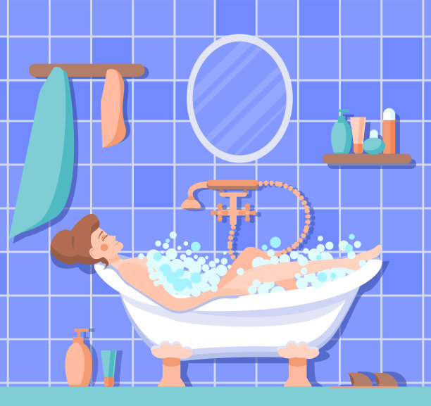 一个快乐的年轻女孩正躺在肥皂泡里洗澡。一个有女性角色的舒适浴室的内部。在家轻松度假的概念。矢量插图在卡通风格。图片下载