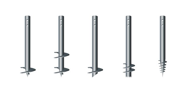 等距矢量插图钢螺圆桩孤立在白色背景。一套现实的基础桩图标在平面卡通风格。不同形状的螺旋桩。建筑材料。图片下载