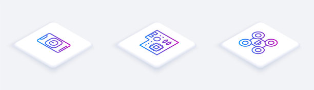 设置等距线关闭机器人从手机，主板数字芯片和无人机。白色正方形按钮。向量图片下载