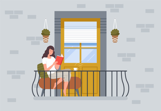 在阳台上阅读的女人，人们坐在现代阳台建筑外的椅子上放松图片下载